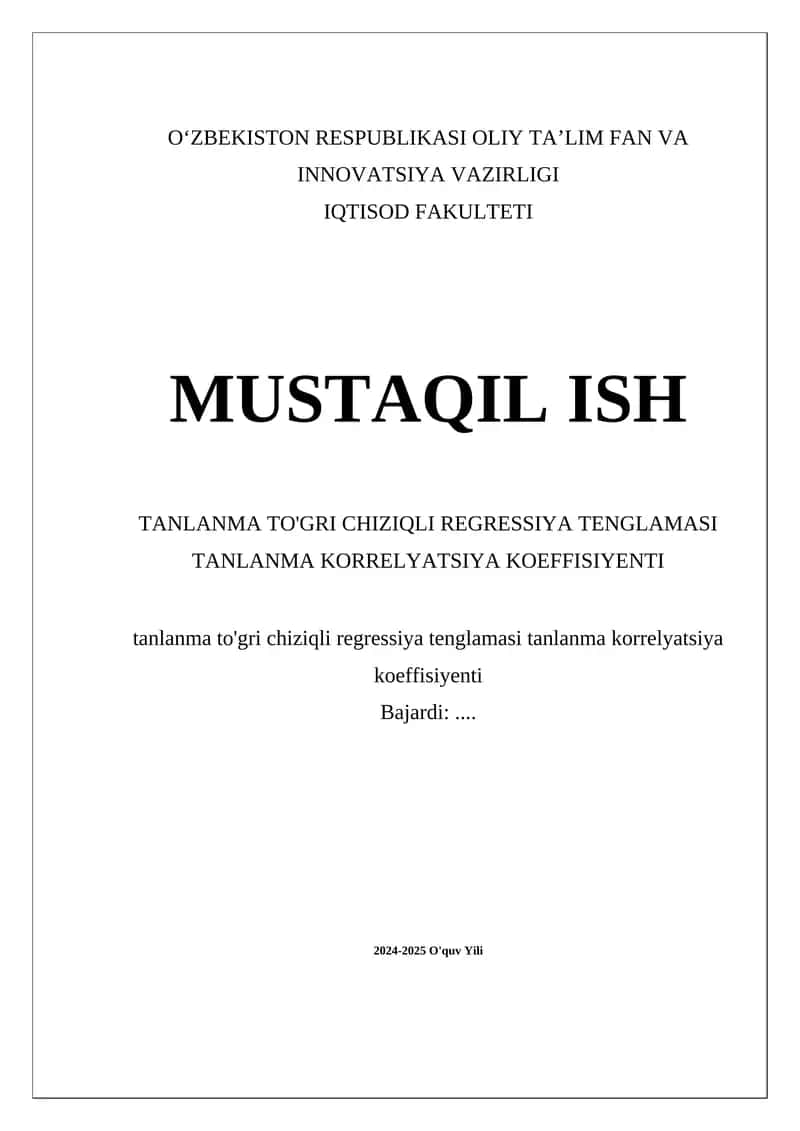 Tanlanma to'gri chiziqli regressiya tenglamasi 1