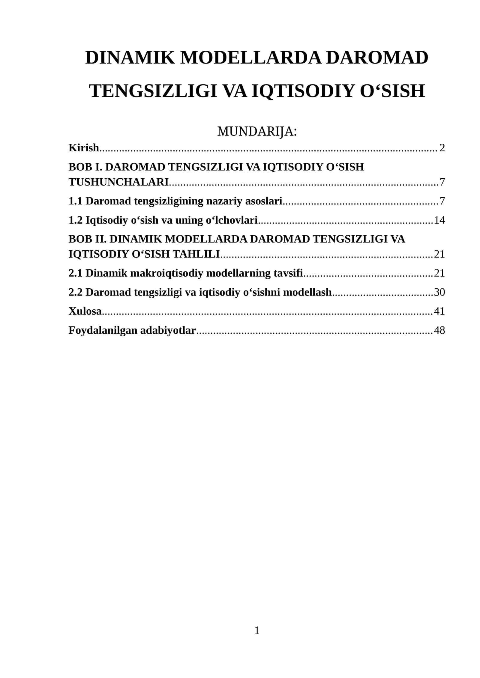 DINAMIK MODELLARDA DAROMAD TENGSIZLIGI VA IQTISODIY O‘SISH 1