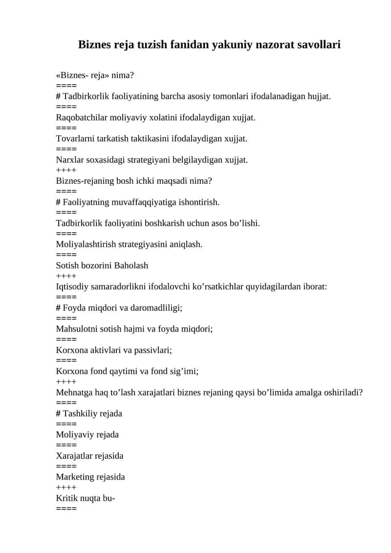 Biznes reja tuzish fanidan yakuniy nazorat savollari 1
