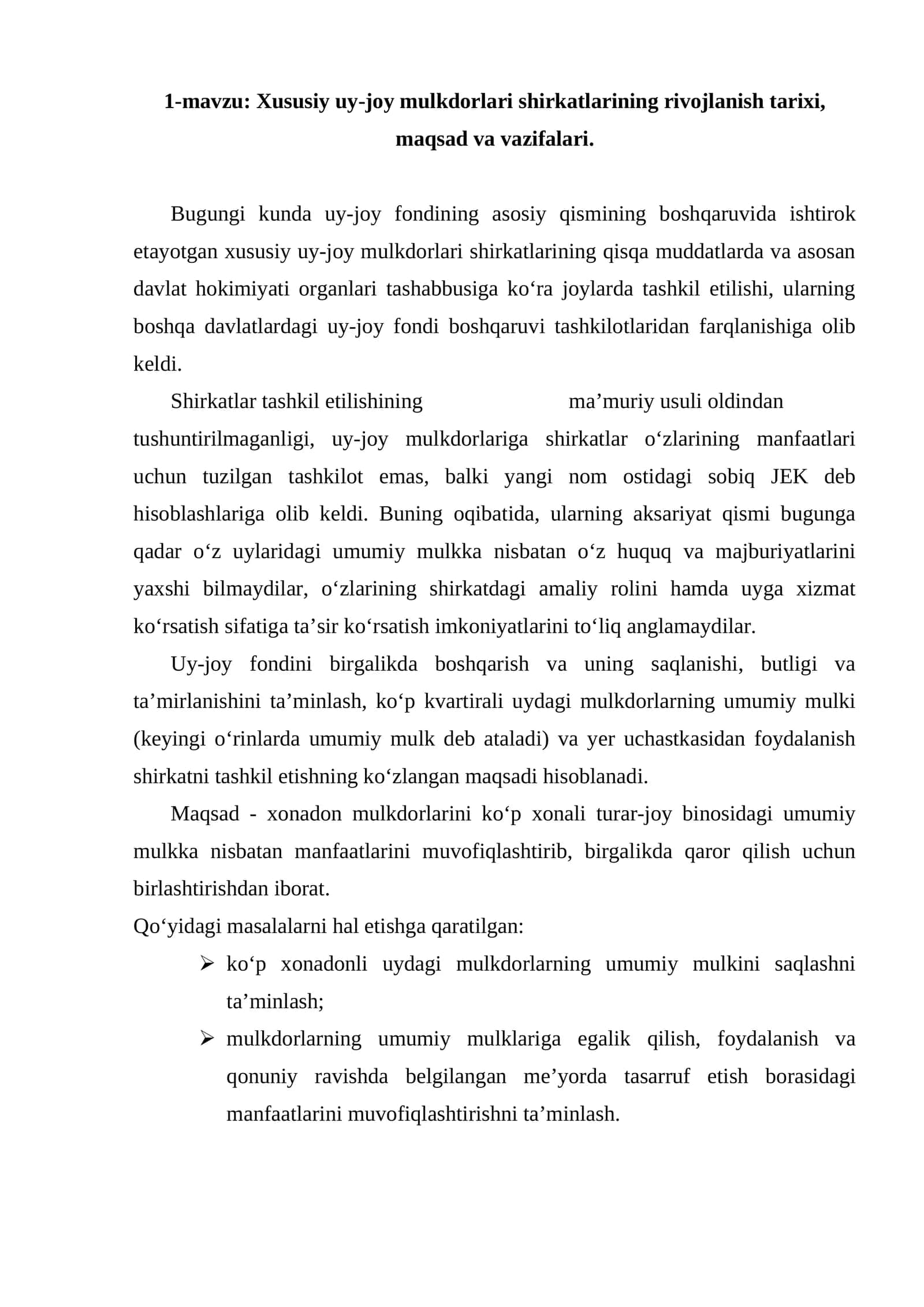 Xususiy uy-joy mulkdorlari shirkatlarining rivojlanish tarixi, maqsad va vazifalari 1