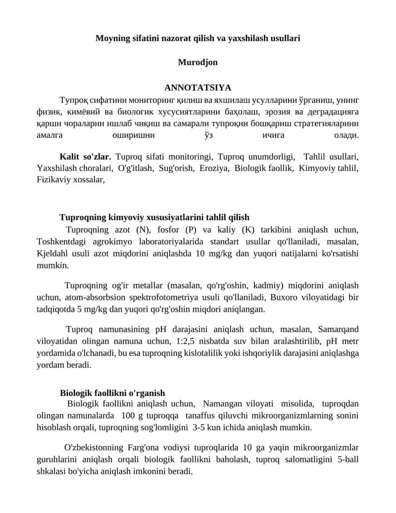 Tuproq sifati monitoringi va yaxshilash usullari 1