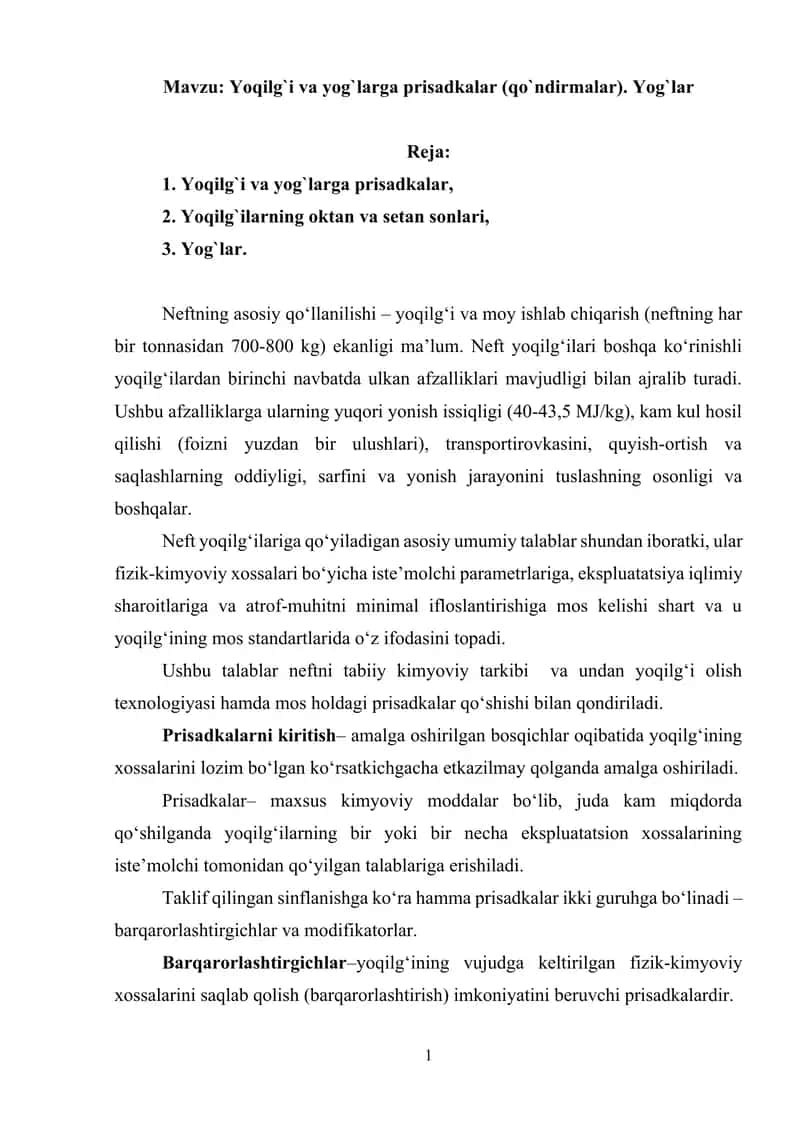 Yoqilg`i va yog`larga prisadkalar (qo`ndirmalar). Yog`lar 1