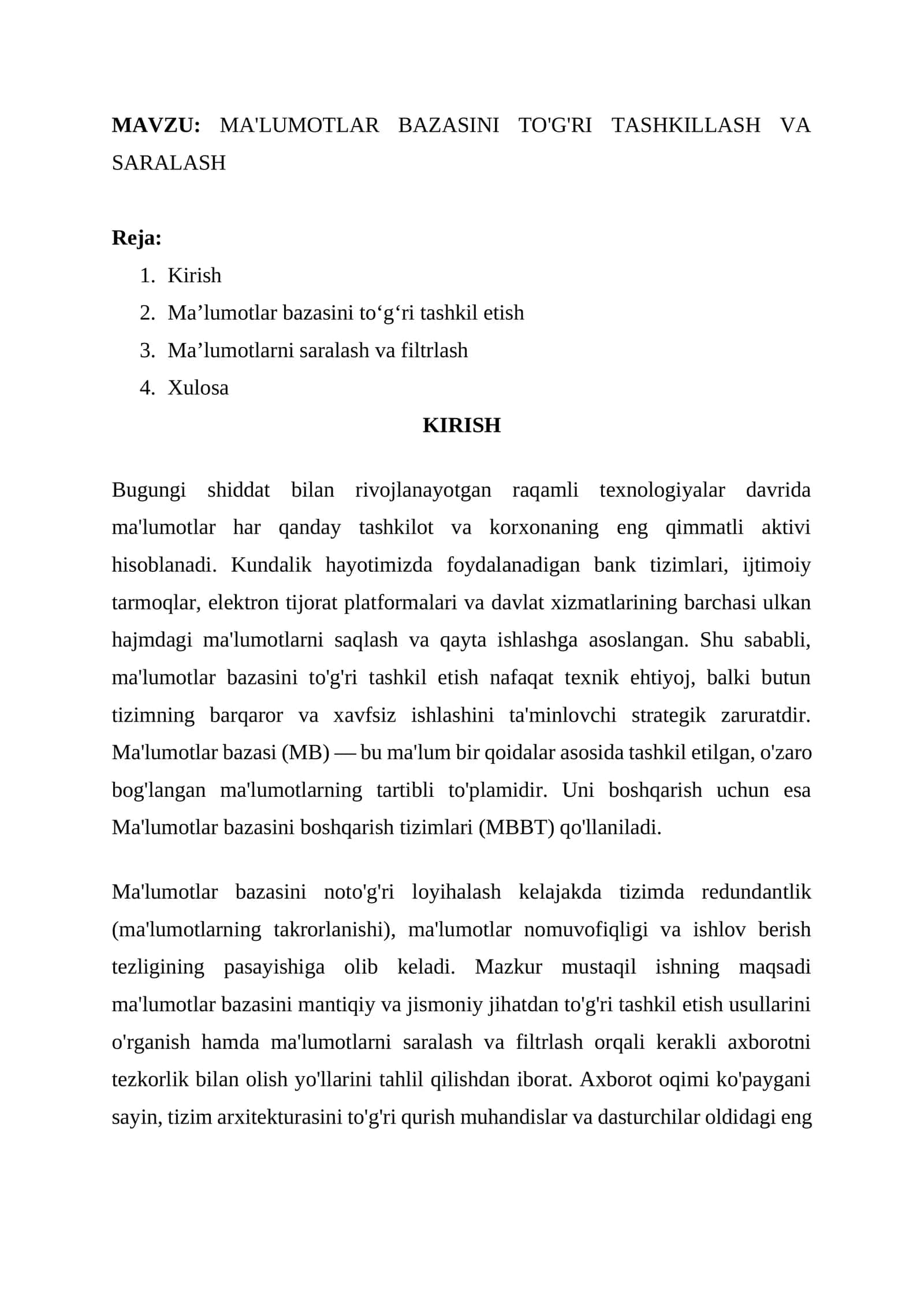 MA'LUMOTLAR BAZASINI TO'G'RI TASHKILLASH VA SARALASH 1