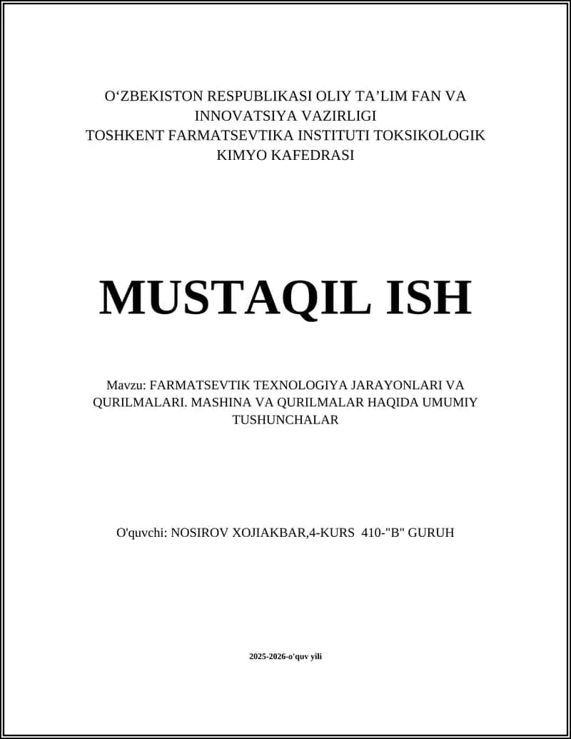 Farmatsevtik Texnologiya Jarayonlari va Qurilmalari 1