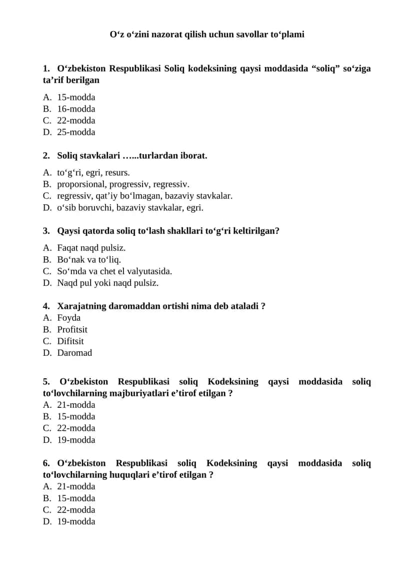 soliq kodeksi boʻyicha test 1