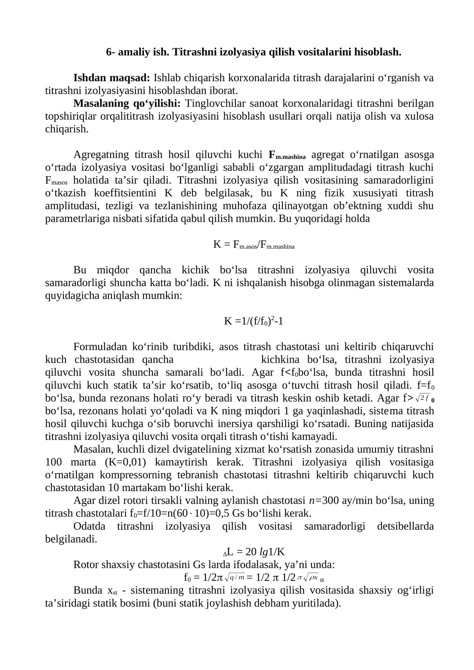 6- amaliy ish. Titrashni izolyasiya qilish vositalarini hisoblash 1