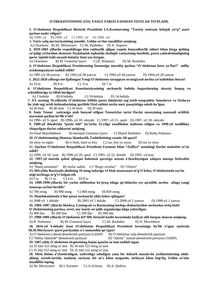 O’ZBEKISTONNING ENG YANGI TARIXI FANIDAN TESTLAR TO’PLAMI. 1