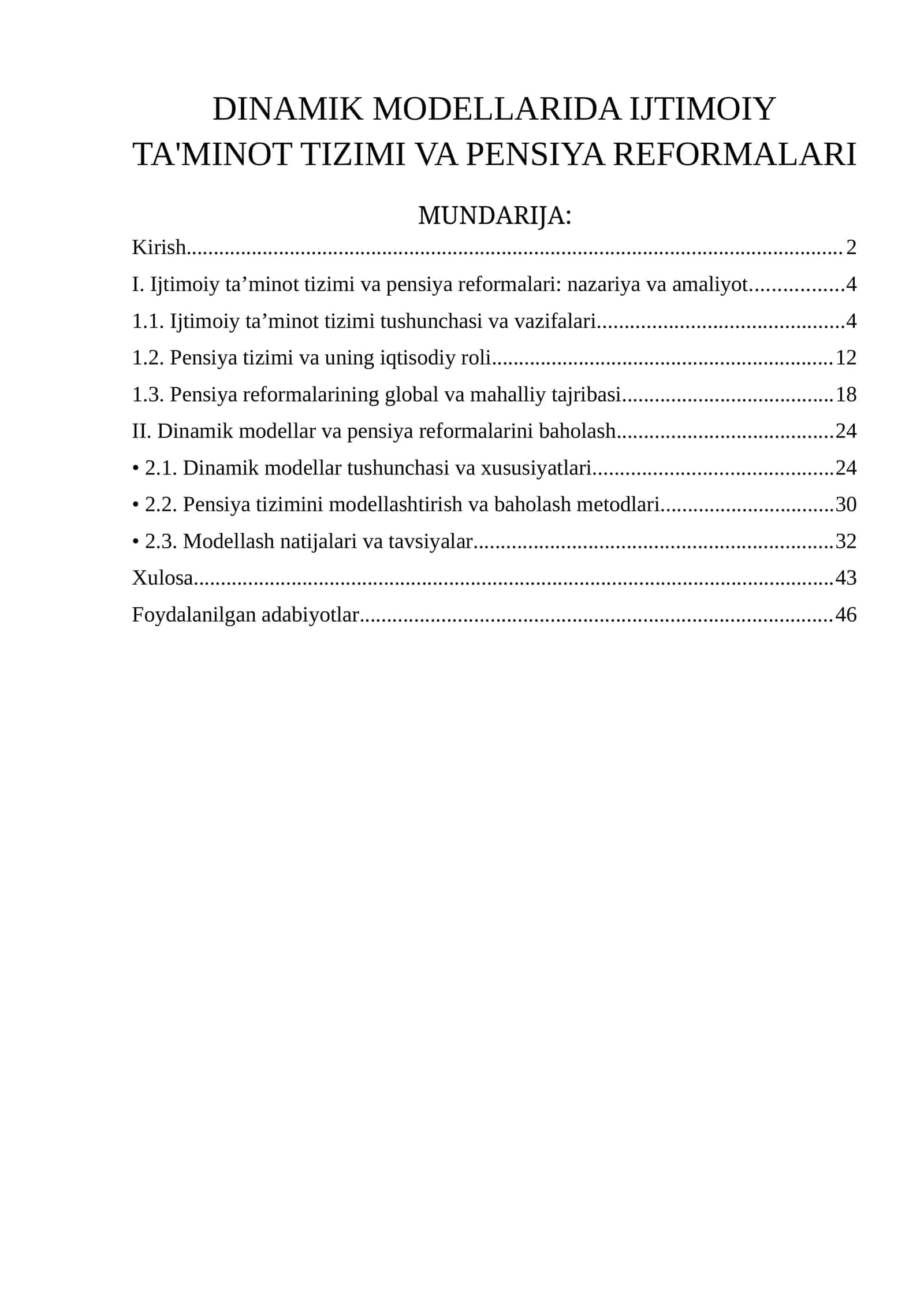 DINAMIK MODELLARIDA IJTIMOIY TA'MINOT TIZIMI VA PENSIYA REFORMALARI 1