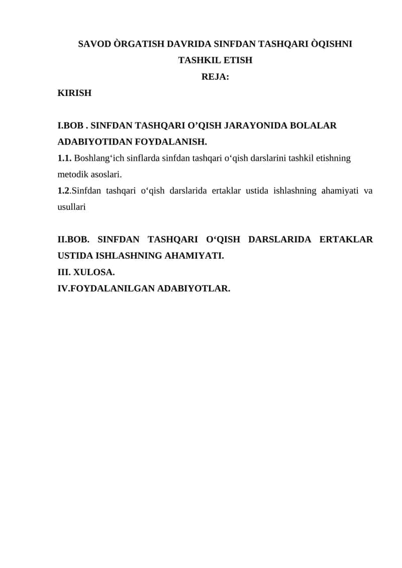 SAVOD ÒRGATISH DAVRIDA SINFDAN TASHQARI ÒQISHNI TASHKIL ETISH 1