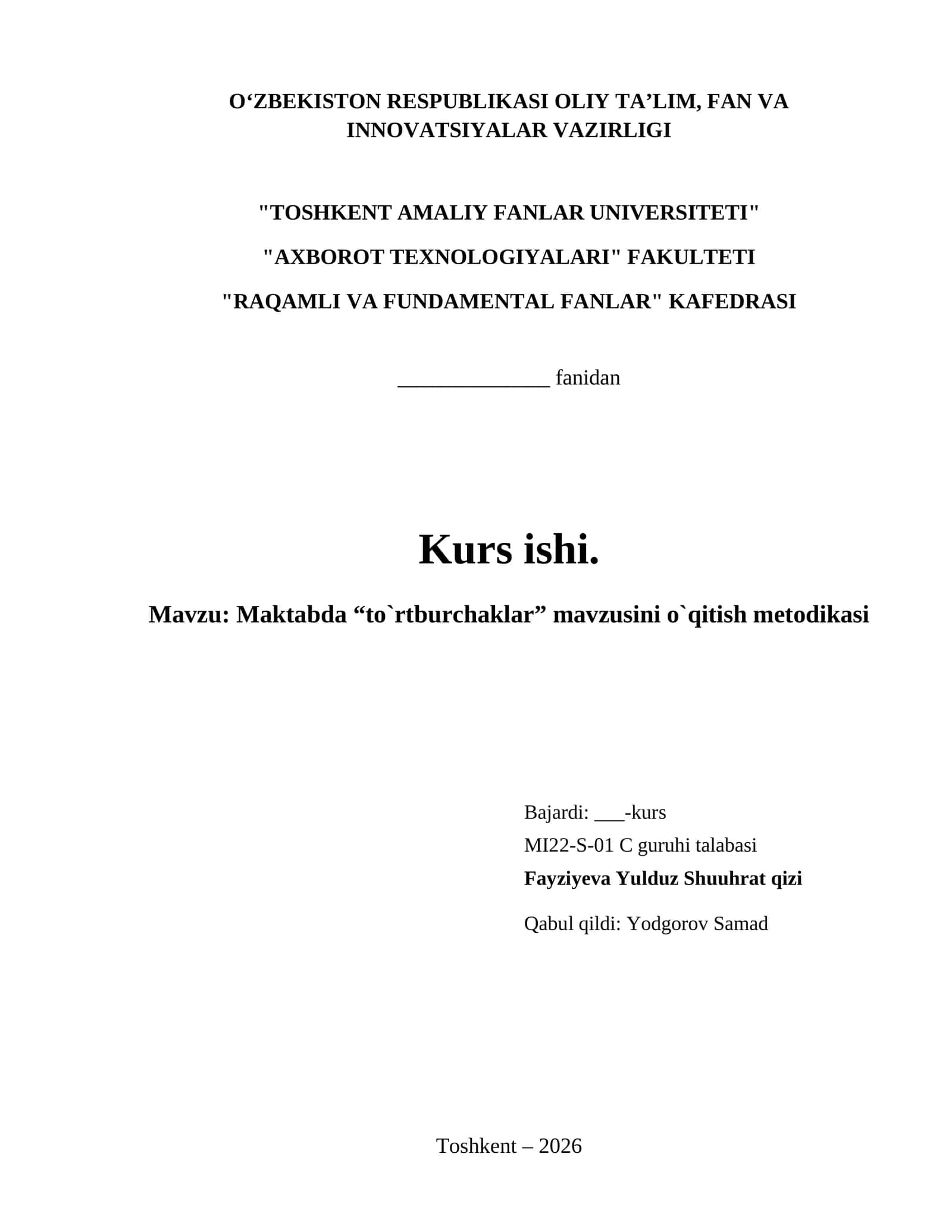 Maktabda “to`rtburchaklar” mavzusini o`qitish metodikasi 1