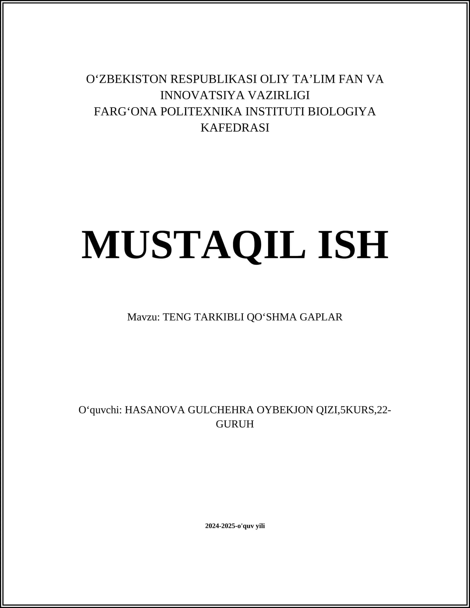 TENG TARKIBLI QO‘SHMA GAPLAR 1