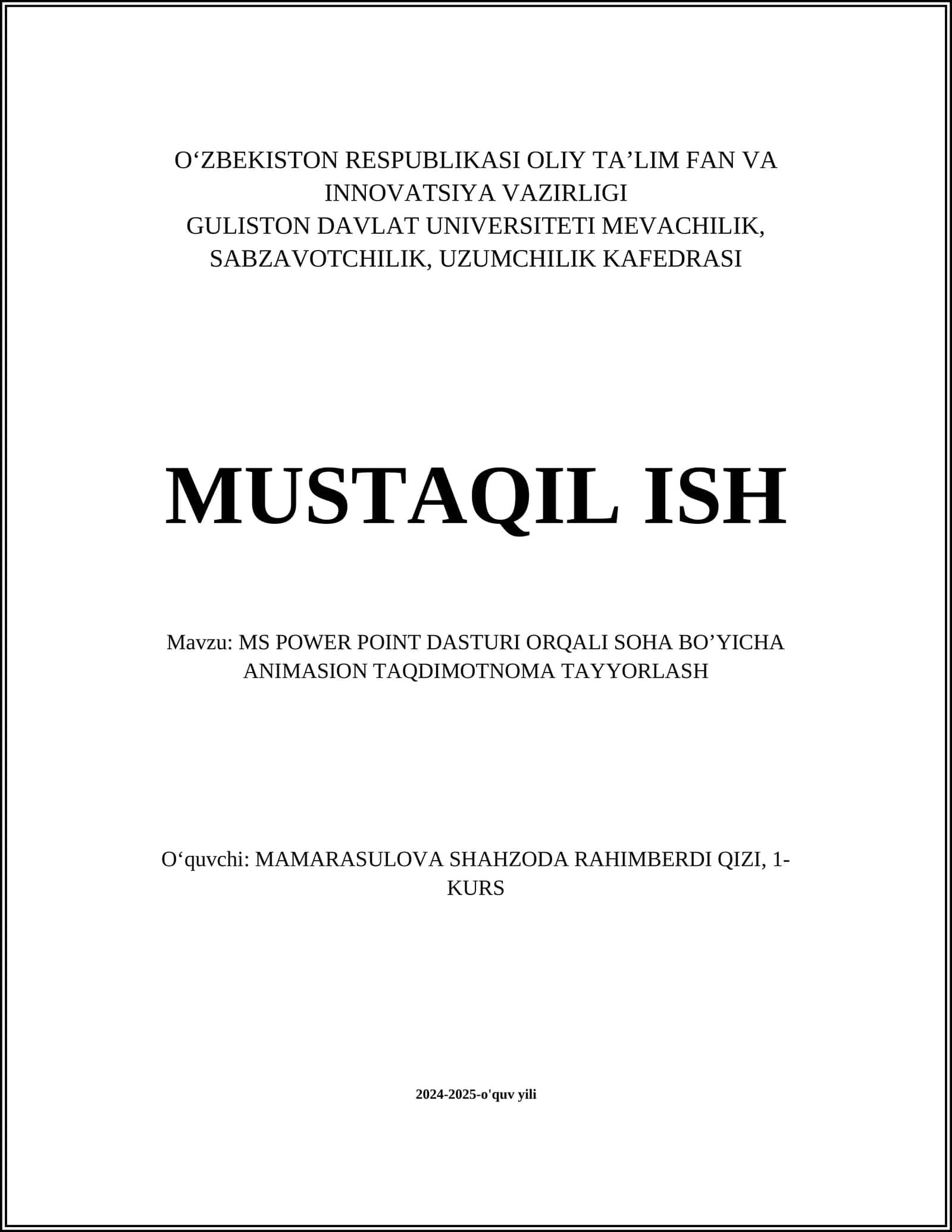 MS POWER POINT DASTURI ORQALI SOHA BOʼYICHA ANIMASION TAQDIMOTNOMA TAYYORLASH 1