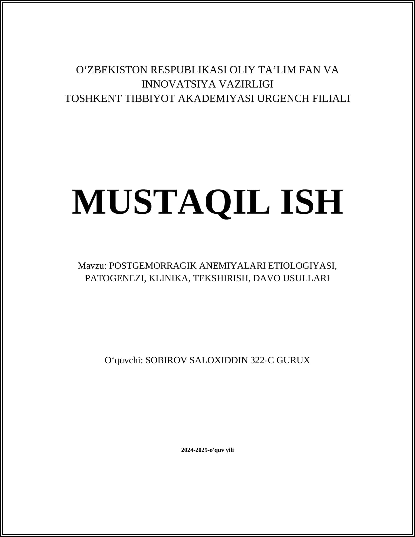 POSTGEMORRAGIK ANEMIYALARI ETIOLOGIYASI, PATOGENEZI, KLINIKA, TEKSHIRISH, DAVO USULLARI 1