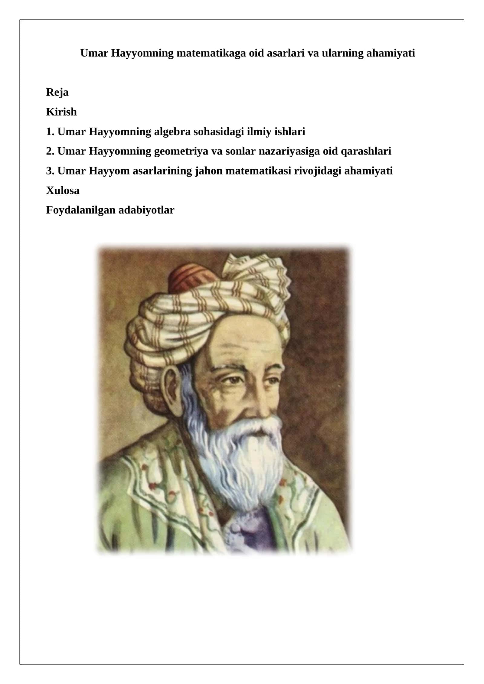 Umar Hayyomning matematikaga oid asarlari va ularning ahamiyati 1