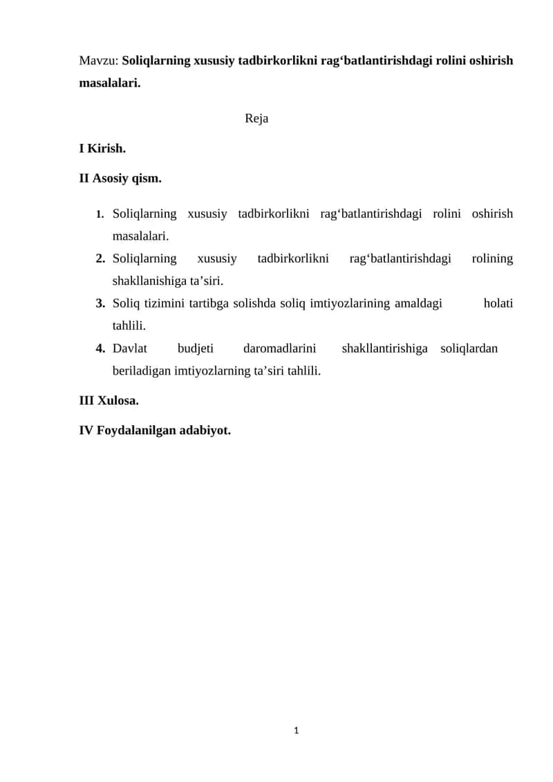 Soliqlarning xususiy tadbirkorlikni ragʻbatlantirishdagi rolini oshirish masalalari 1