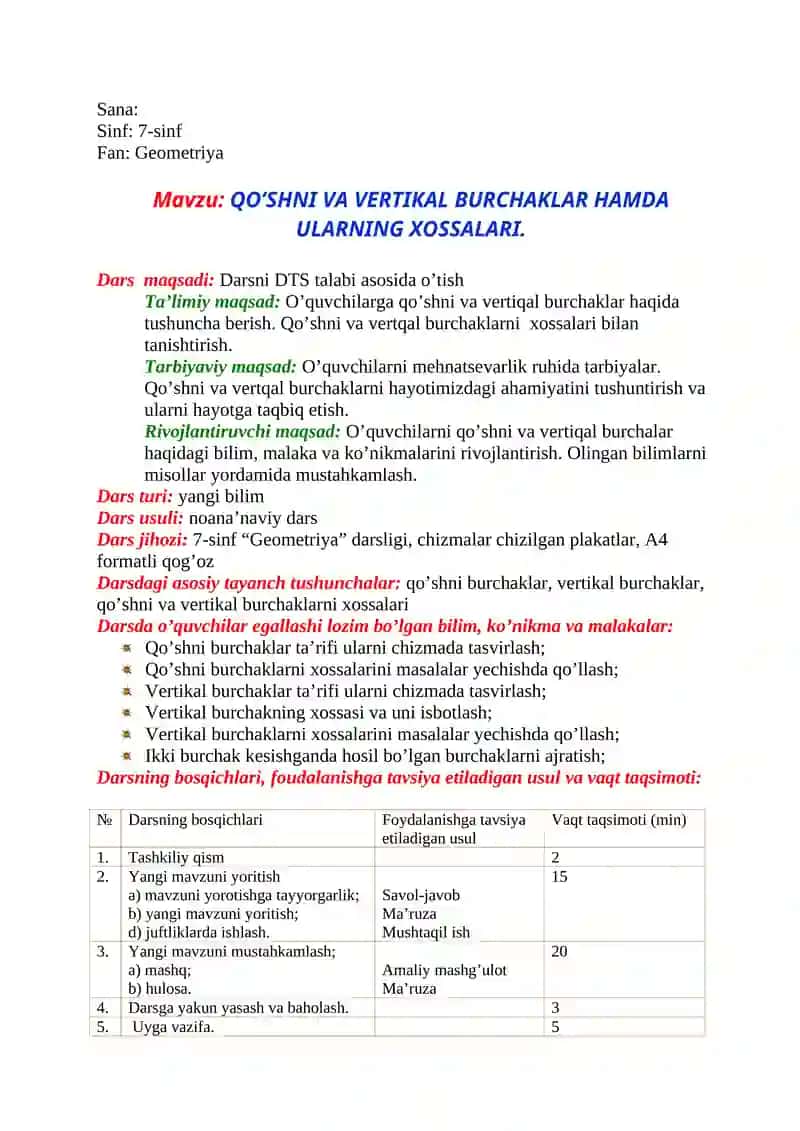 Qo’shni va Vertikal Burchaklar