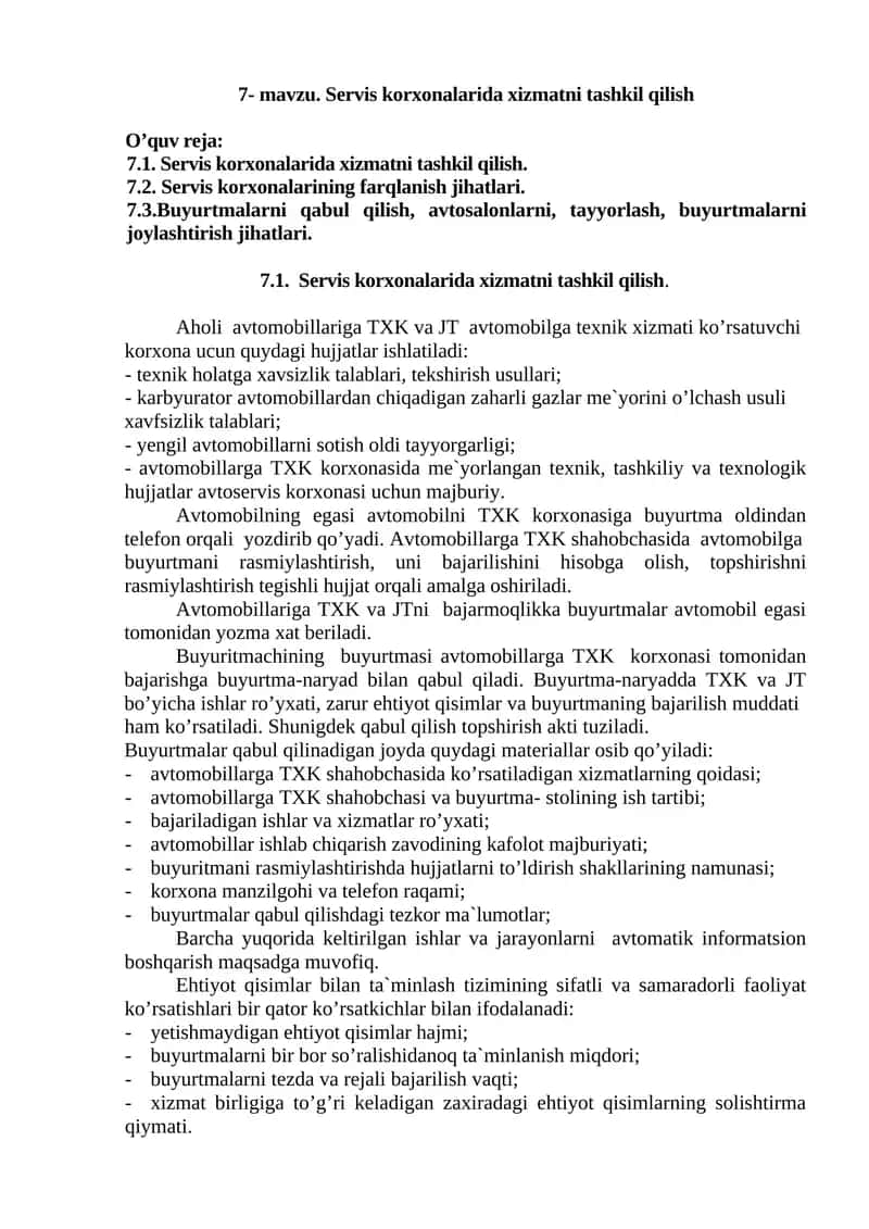 Servis korxonalarida xizmatni tashkil qilish 1