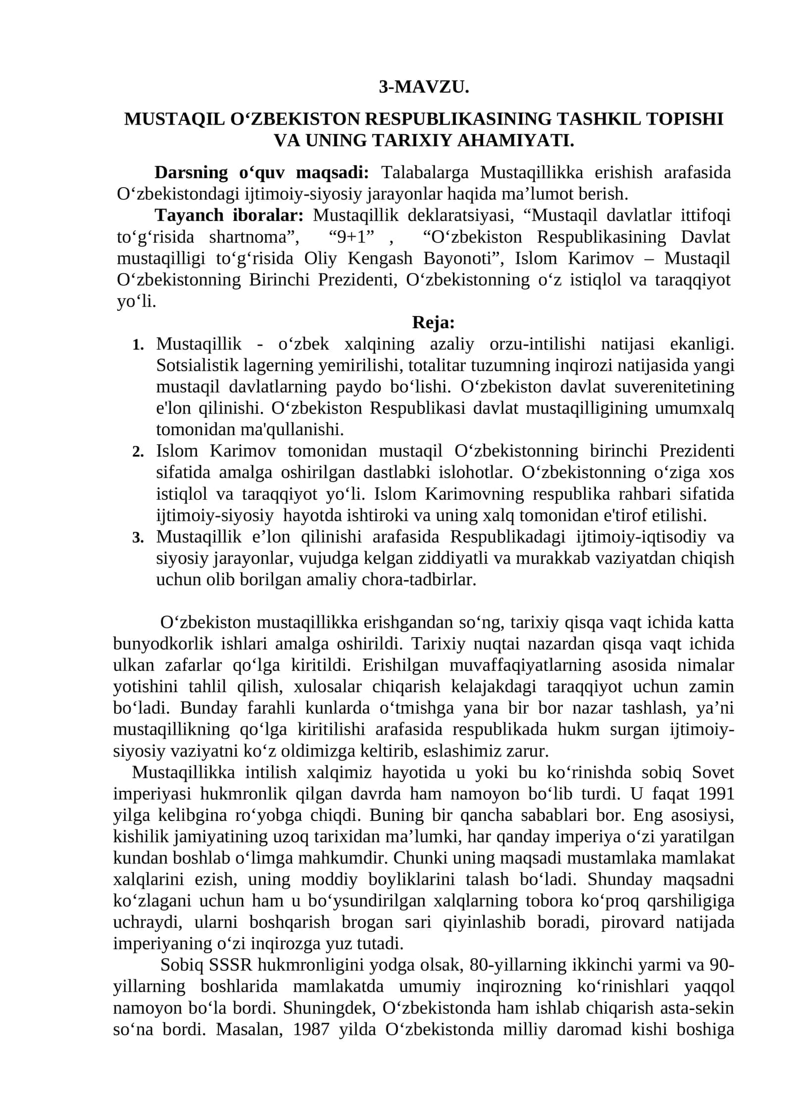 MUSTAQIL O‘ZBEKISTON RESPUBLIKASINING TASHKIL TOPISHI VA UNING TARIXIY AHAMIYATI 1