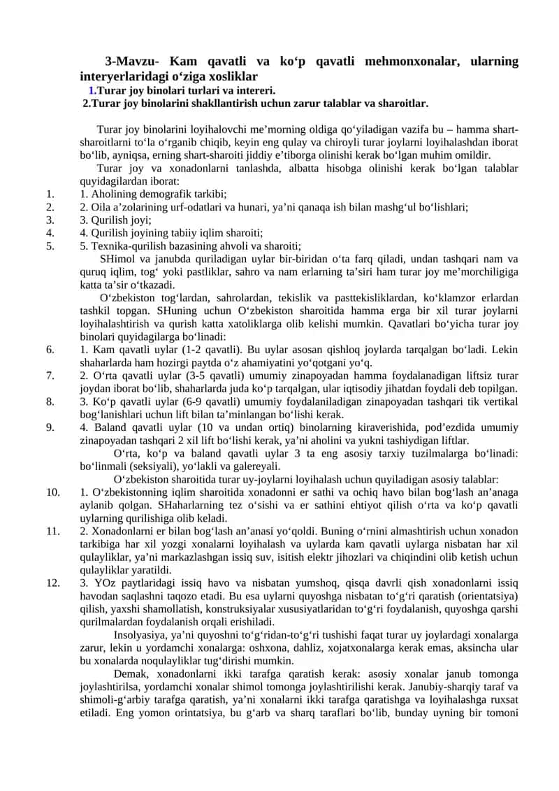 3-Mavzu- Kam qavatli va ko‘p qavatli mehmonxonalar, ularning interyerlaridagi o‘ziga xosliklar 1