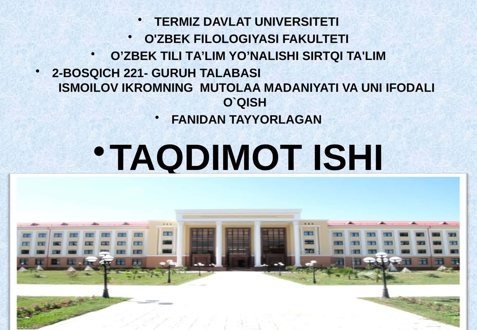 MUTOLAA MADANIYATI VA UNI IFODALI O`QISH FANIDAN TAYYORLAGAN TAQDIMOT ISHI 1