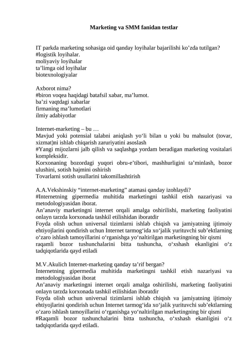 Marketing va SMM fanidan testlar 1