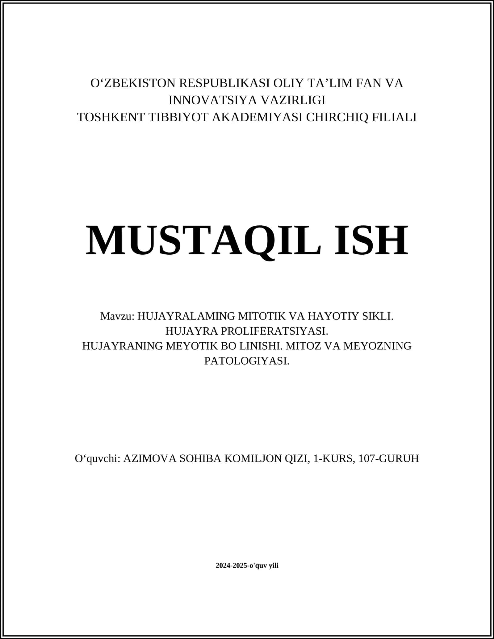 HUJAYRALAMING MITOTIK VA HAYOTIY SIKLI. HUJAYRA PROLIFERATSIYASI 1