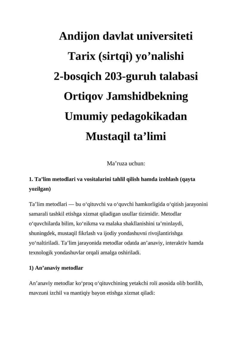 Ta'lim metodlari va vositalarini tahlil qilish hamda izohlash 1