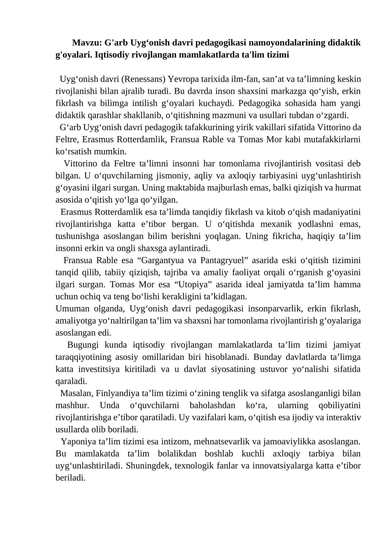 G'arb Uyg'onish davri pedagogikasi namoyondalarining didaktik g'oyalari 1