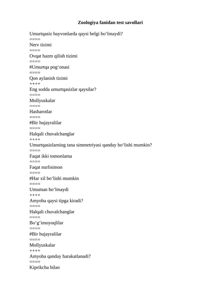 Zoologiya fanidan test savollari 1