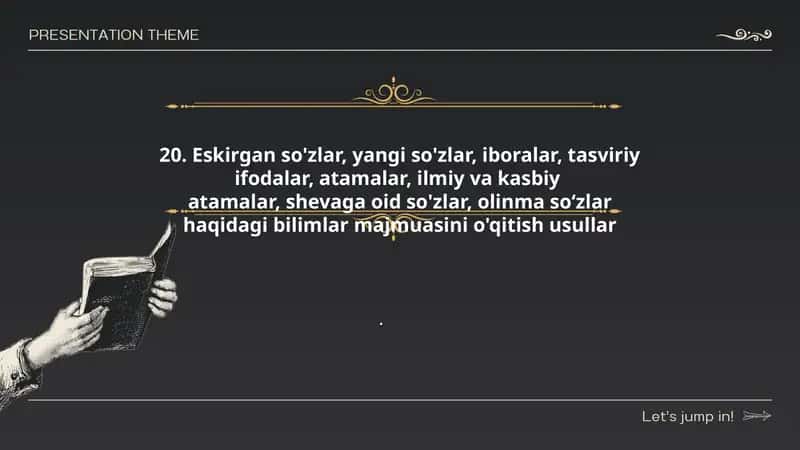 Eskirgan so'zlar, yangi so'zlar, iboralar, tasviriy ifodalar, atamalar, ilmiy va kasbiy atamalar, shevaga oid so'zlar, olinma so‘zlar haqidagi bilimlar majmuasini o'qitish usullar. 1