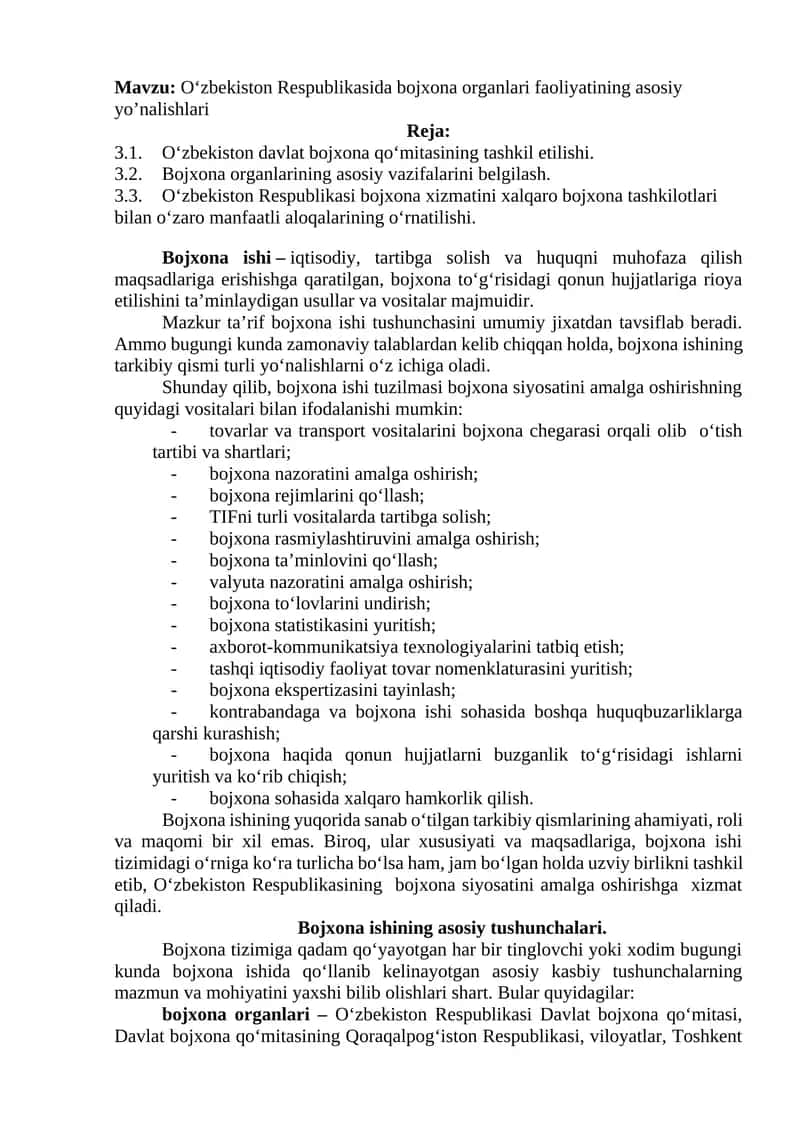 Oʻzbekiston Respublikasida bojxona organlari faoliyatining asosiy yo’nalishlari 1