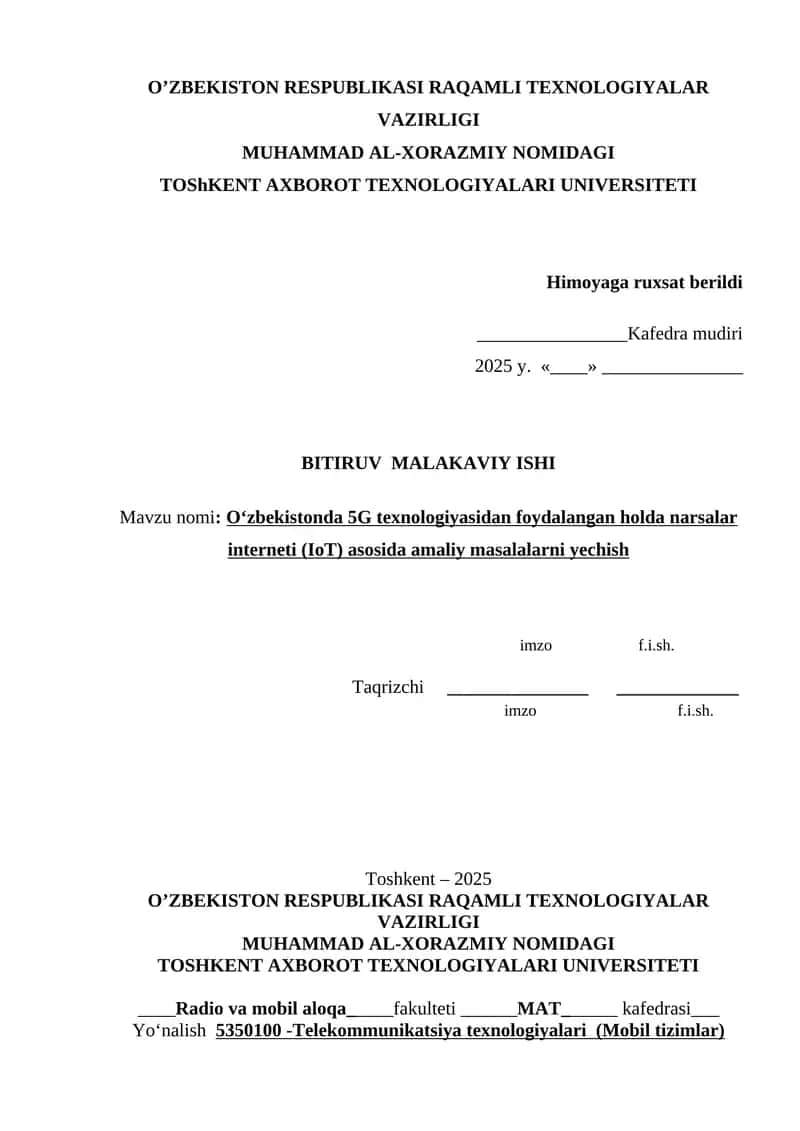 O‘zbekistonda 5G texnologiyasidan foydalangan holda narsalar interneti (IoT) asosida amaliy masalalarni yechish 1