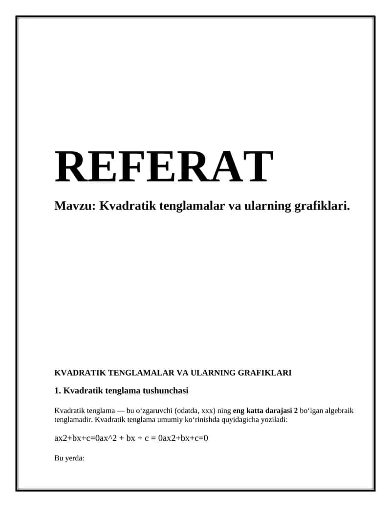 Kvadratik tenglamalar va ularning grafiklari 1