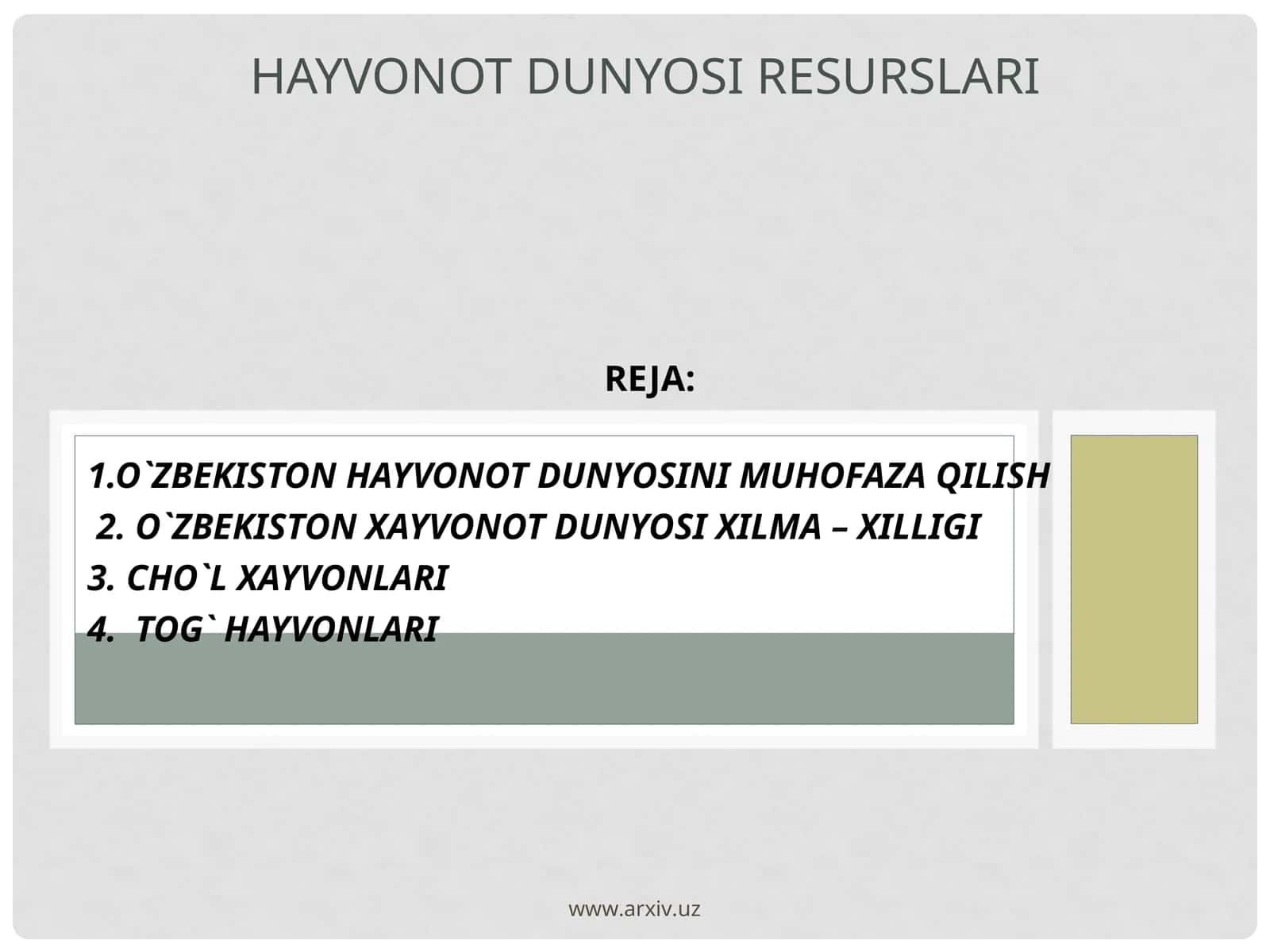 O`ZBEKISTON HAYVONOT DUNYOSINI MUHOFAZA QILISH 1