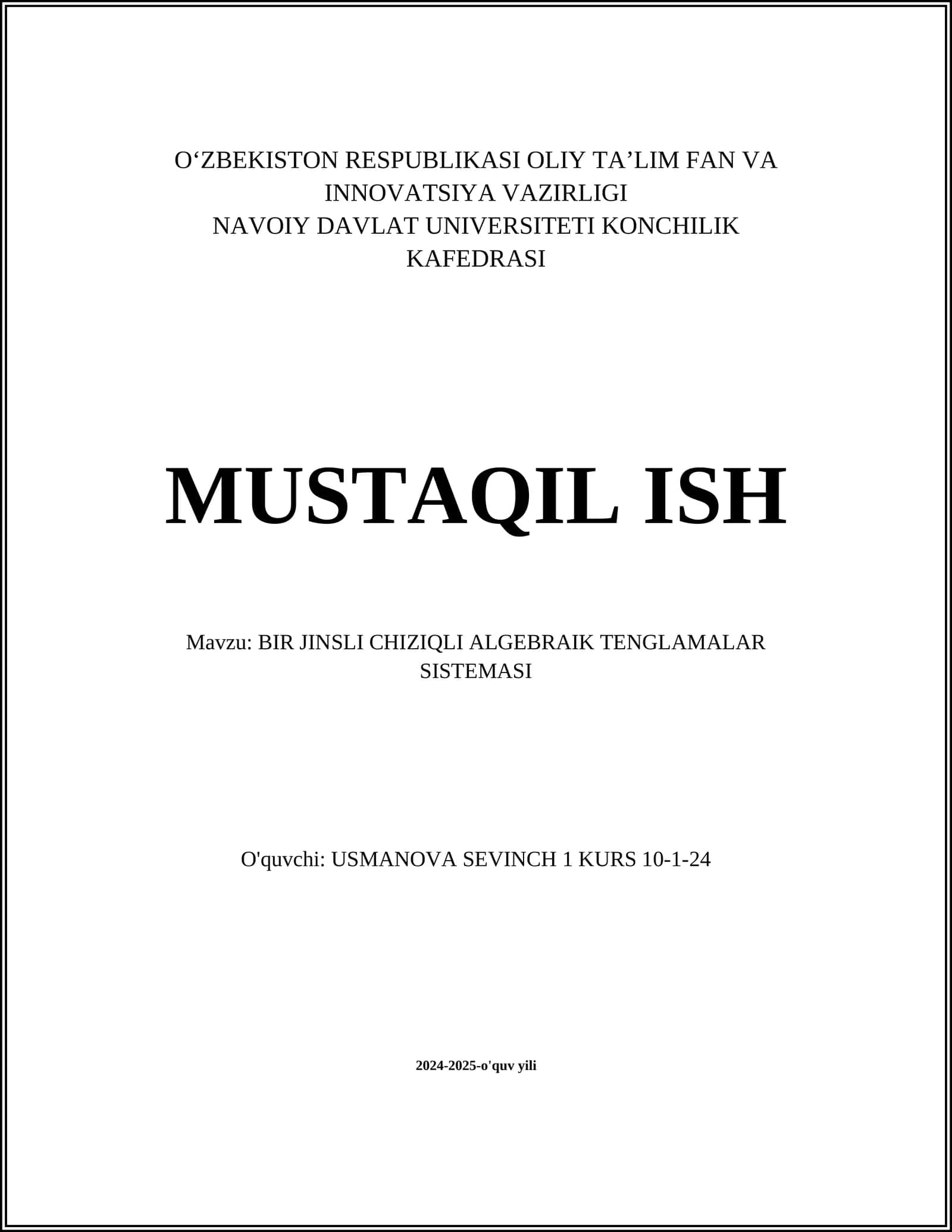 BIR JINSLI CHIZIQLI ALGEBRAIK TENGLAMALAR SISTEMASI 1