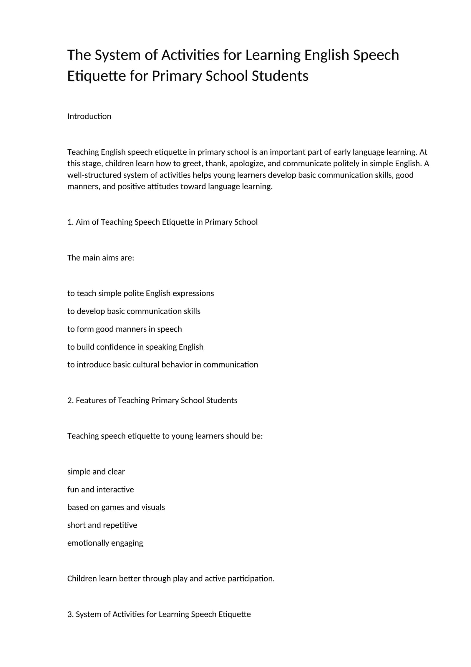 The System of Activities for Learning English Speech Etiquette for Primary School Students 1