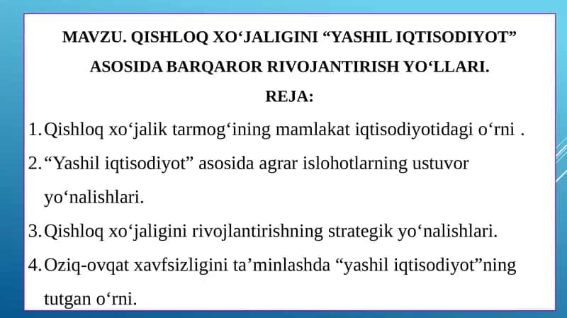 QISHLOQ XO‘JALIGINI “YASHIL IQTISODIYOT” ASOSIDA BARQAROR RIVOJANTIRISH YO‘LLARI 1