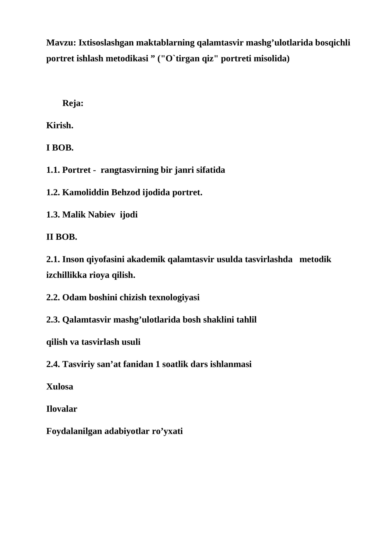 Ixtisoslashgan maktablarning qalamtasvir mashg’ulotlarida bosqichli portret ishlash metodikasi ” ("O`tirgan qiz" portreti misolida) Diplom ishi 1