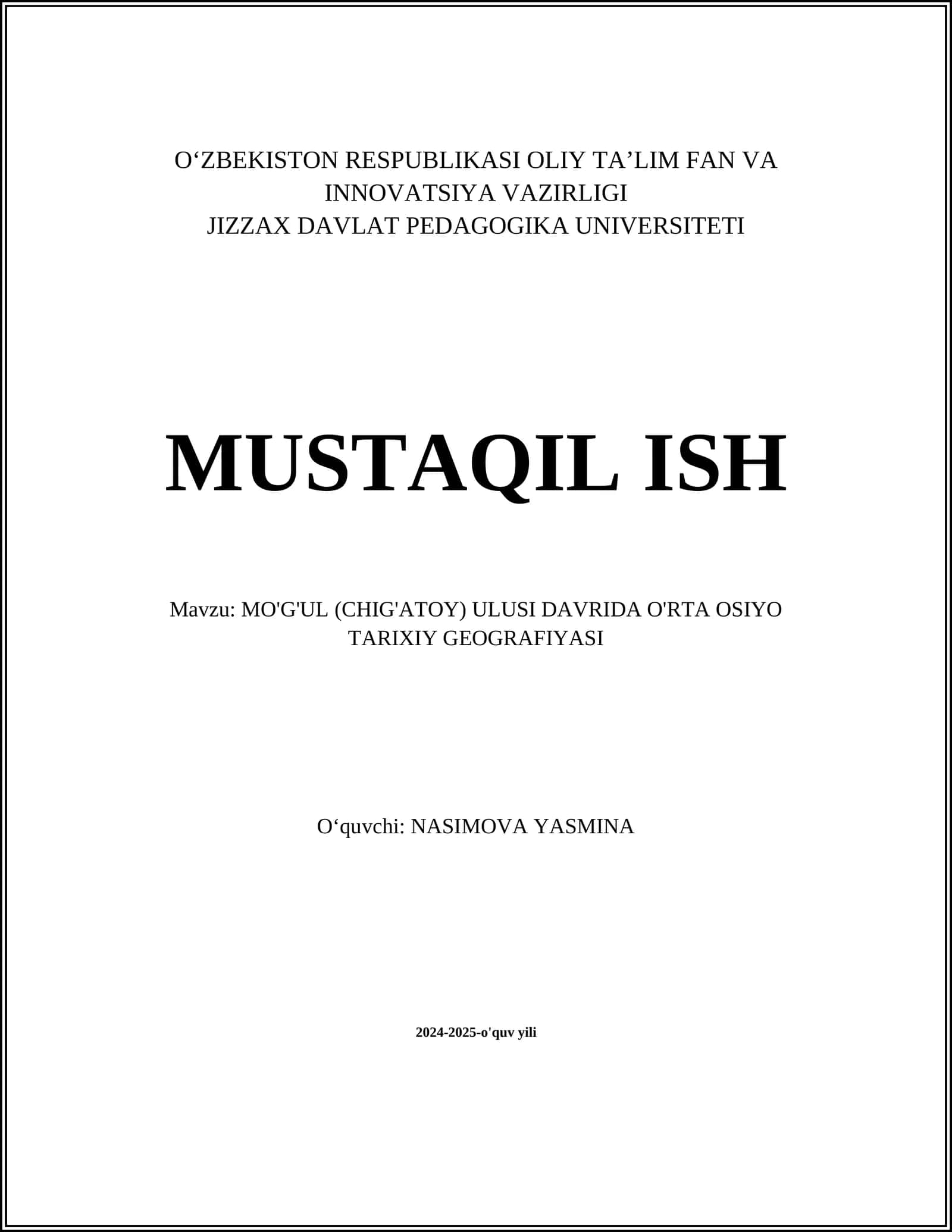 MO'G'UL (CHIG'ATOY) ULUSI DAVRIDA O'RTA OSIYO TARIXIY GEOGRAFIYASI 1