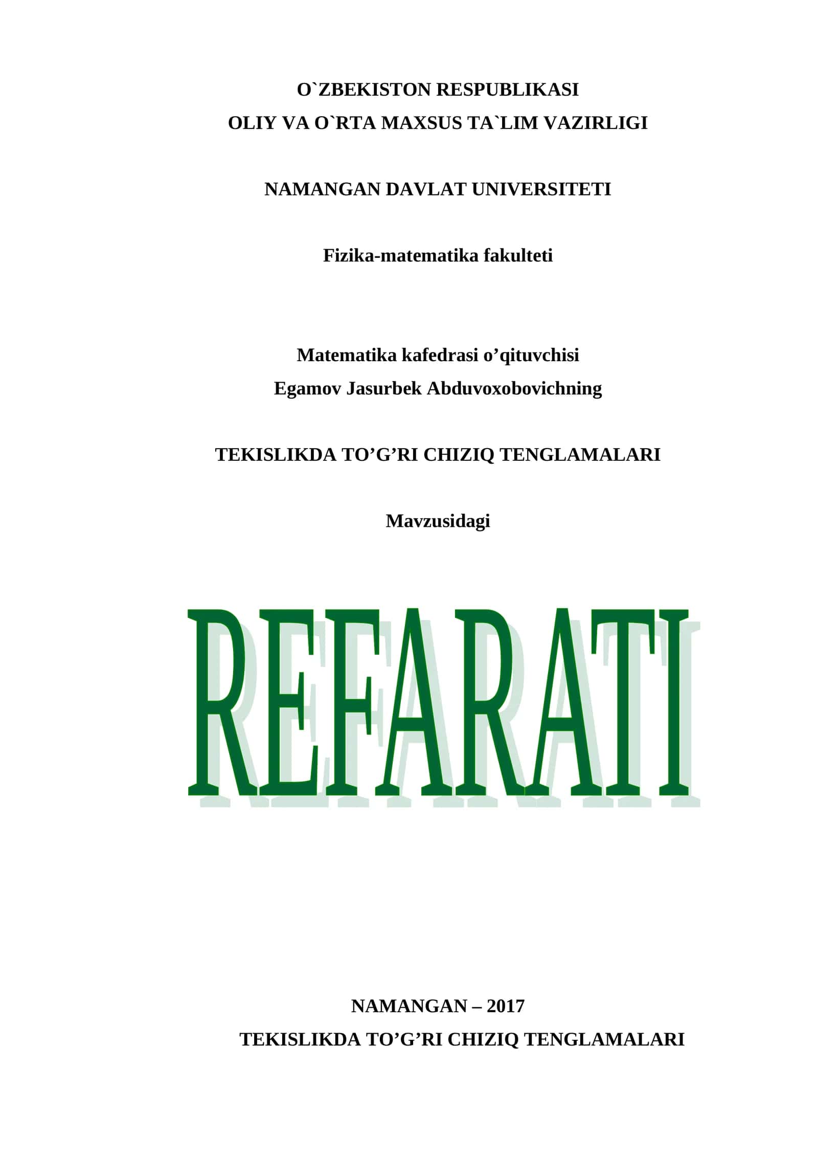 TEKISLIKDA TO’G’RI CHIZIQ TENGLAMALARI 1