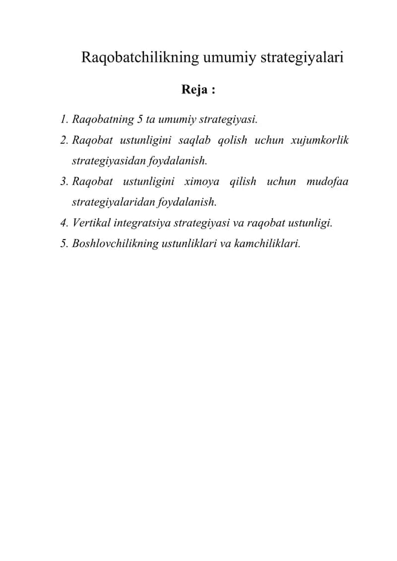 Raqobatchilikning umumiy strategiyalari 1