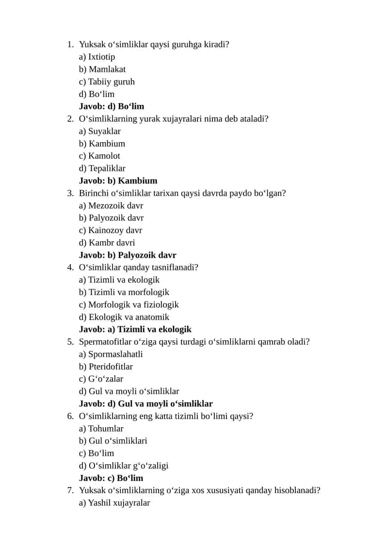 test yuksak osimliklar 50ta javobi bilan 1
