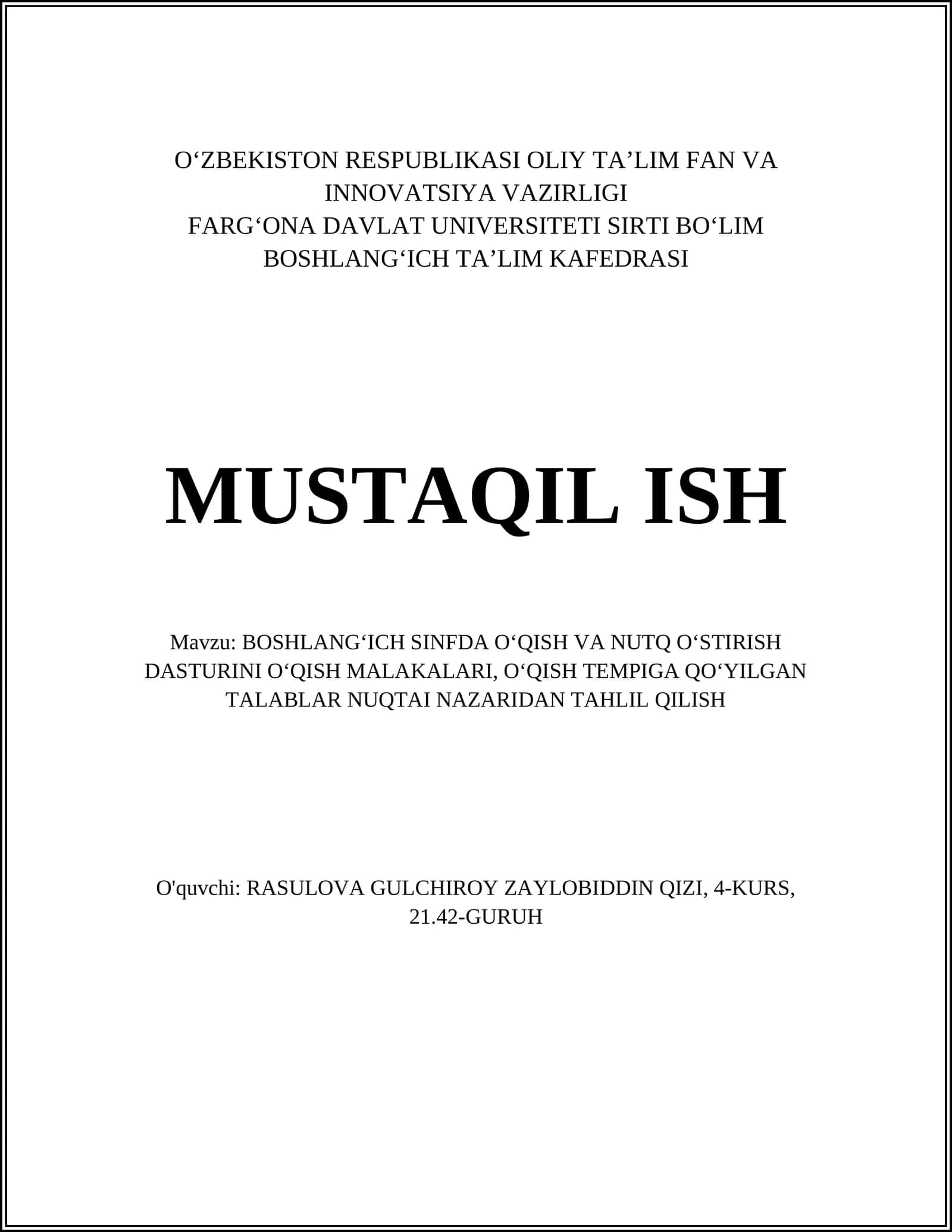 BOSHLANGʻICH SINFDA OʻQISH VA NUTQ OʻSTIRISH DASTURINI OʻQISH MALAKALARI 1