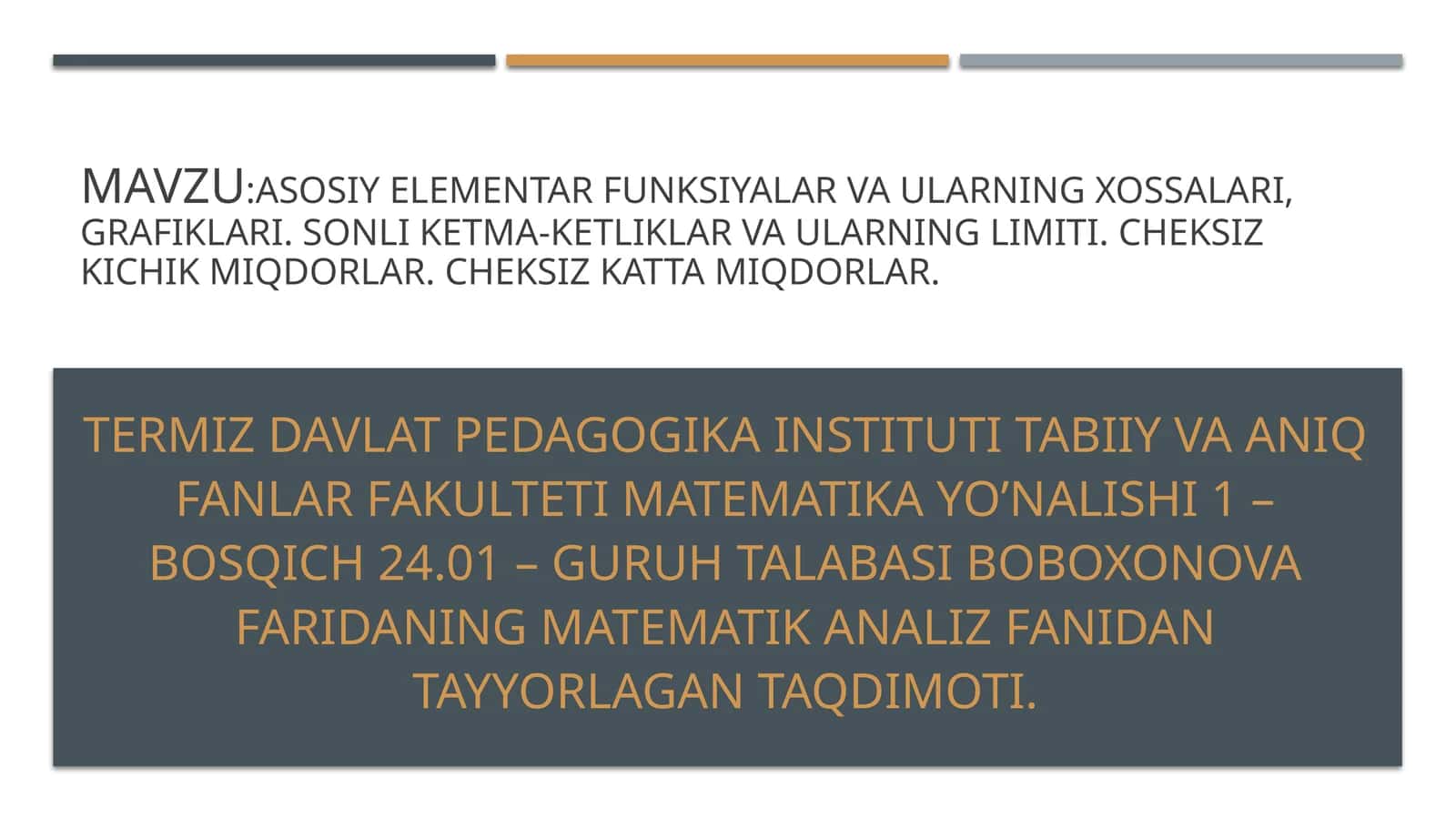 Asosiy elementar funksiyalar va ularning xossalari, grafiklari. Sonli ketma-ketliklar va ularning limiti. cheksiz kichik miqdorlar. Cheksiz katta miqdorlar. 1