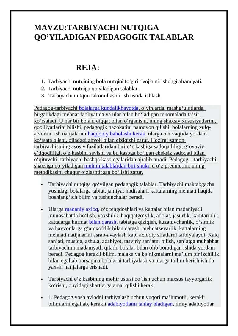 TARBIYACHI NUTQIGA QO’YILADIGAN PEDAGOGIK TALABLAR