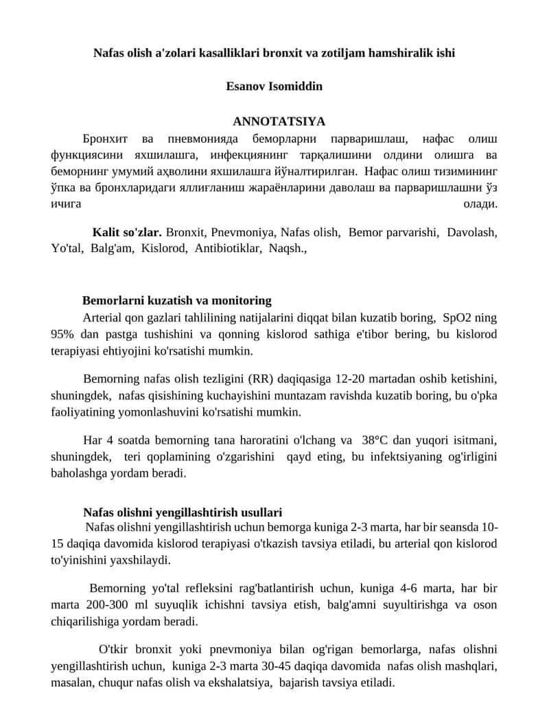 Nafas olish a'zolari kasalliklari bronxit va zotiljam hamshiralik ishi 1