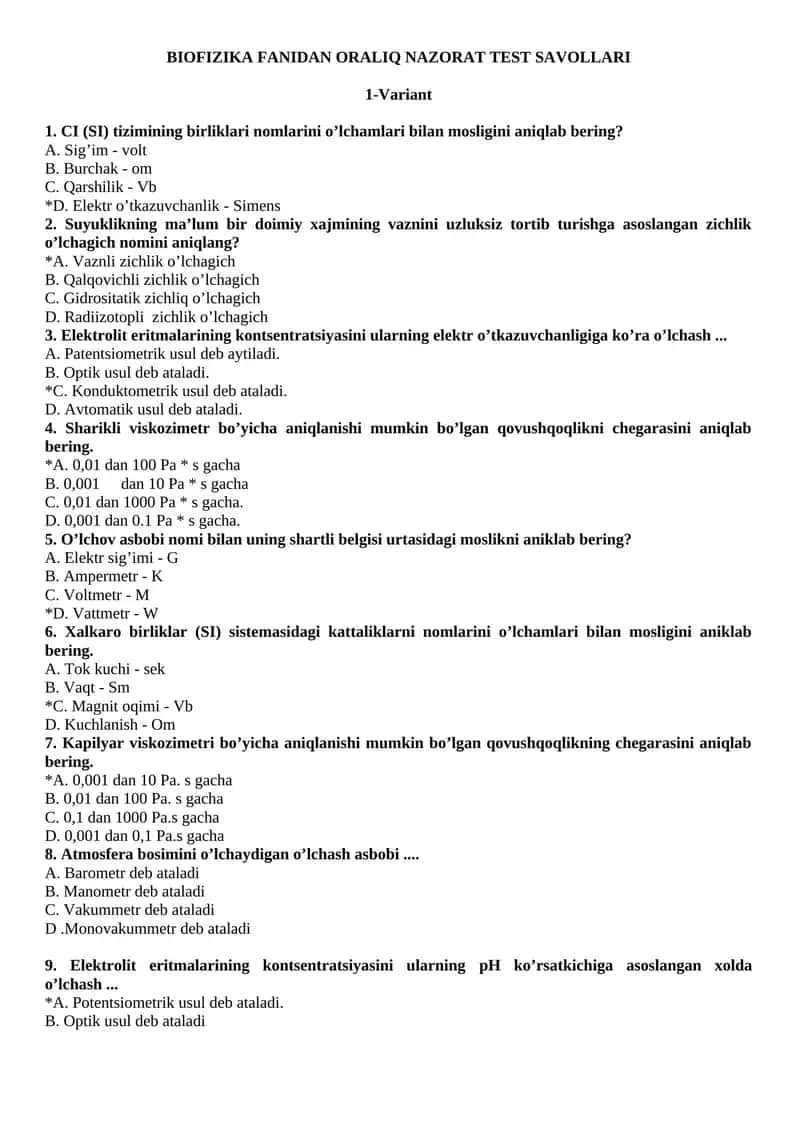 BIOFIZIKA FANIDAN ORALIQ NAZORAT TEST SAVOLLARI 1