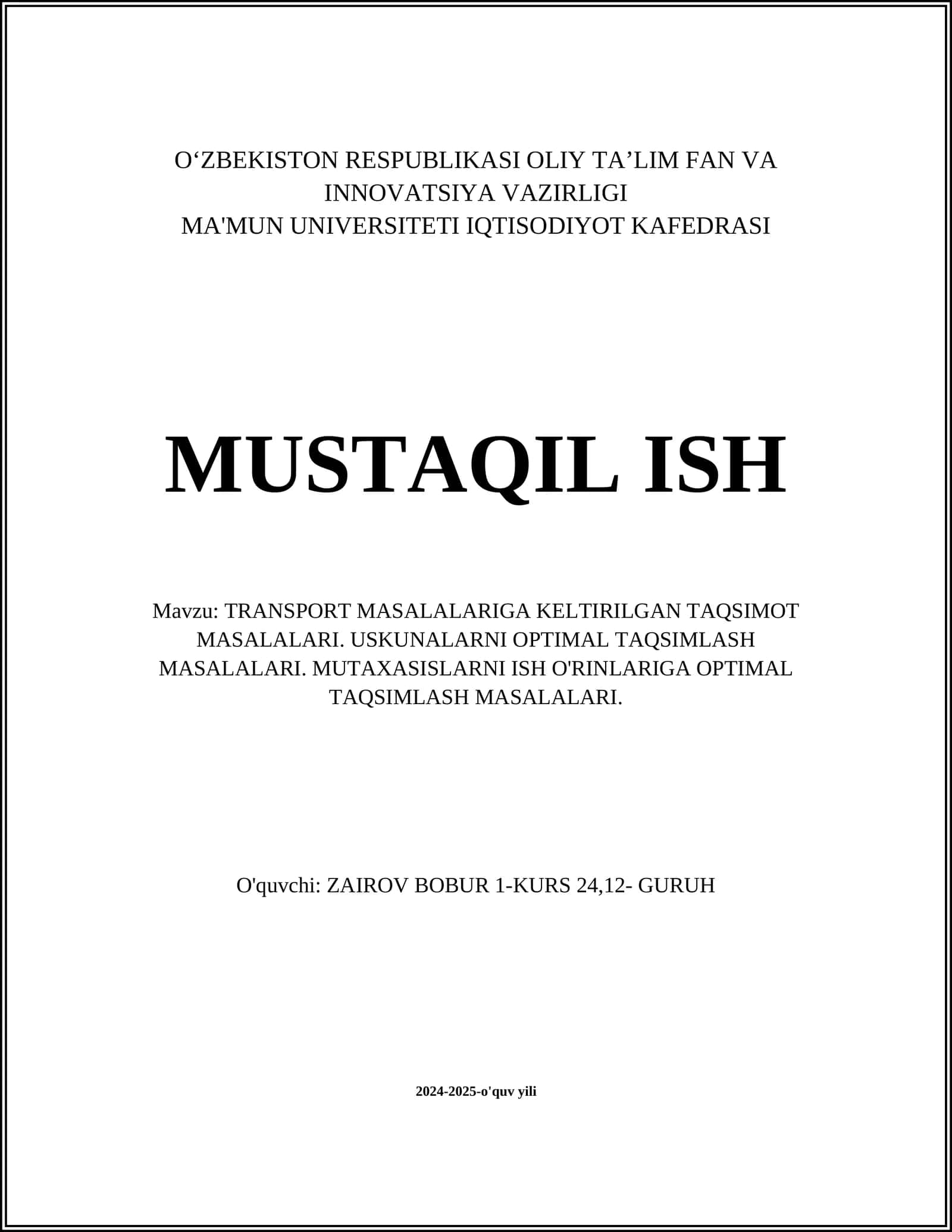 TRANSPORT MASALALARIGA KELTIRILGAN TAQSIMOT MASALALARI 1