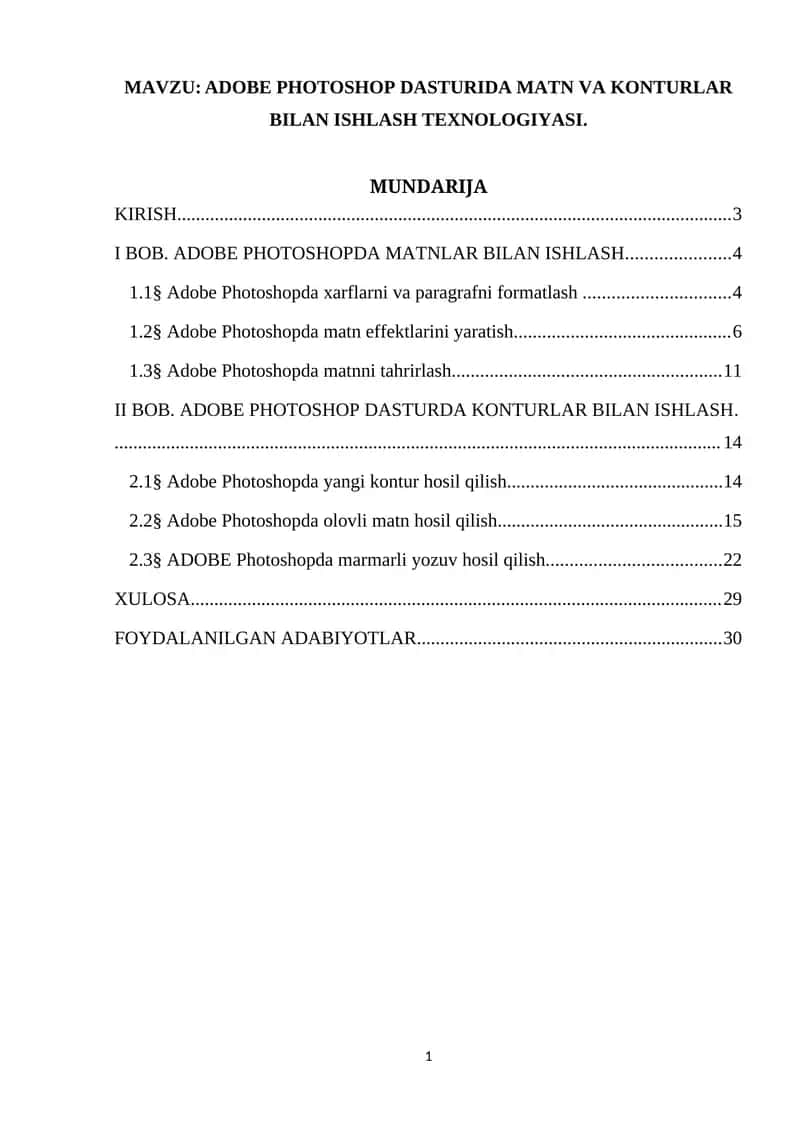 ADOBE PHOTOSHOP DASTURIDA MATN VA KONTURLAR BILAN ISHLASH TEXNOLOGIYASI 1