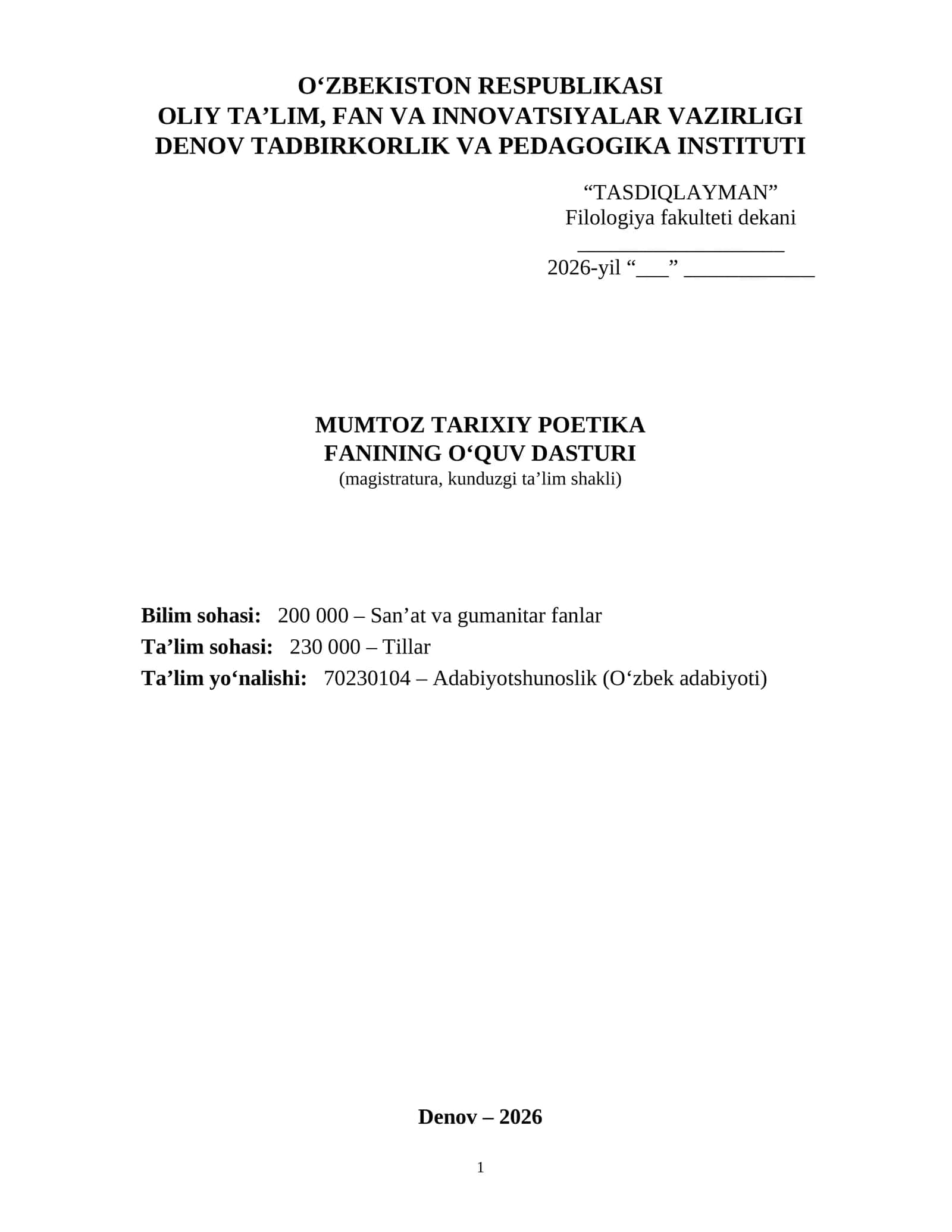 Mumtoz tarixiy poetika fanidan o‘quv dasturi 1